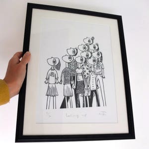 Looking Up - handmade original lino print, people, black and white, portrait, humour, printmaking, illustration, linocut, hand pulled print