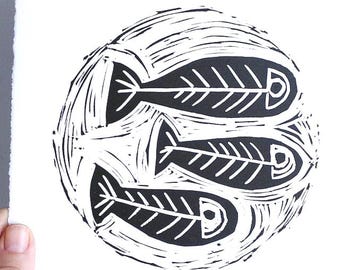 Fishies - lino print