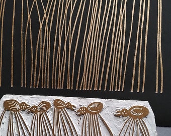 Golden Spiders - lino cut print