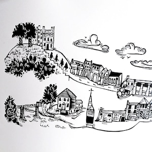 A Wander around Hay on Wye - lino cut