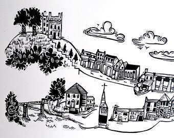A Wander around Hay on Wye - lino cut