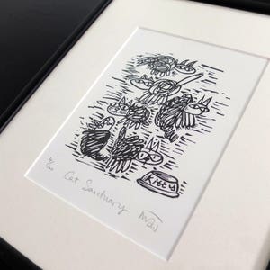 Cat Sanctuary - lino cut print of cats, cat art,