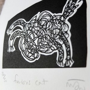 Furious Cat - lino cut print, cats, pet art, cat art, linoprint, handmade, cat gifts, kitty, black and white, handmade, humour, illustration