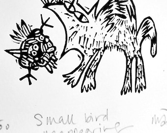 Small Bird Reappearing - lino cut print