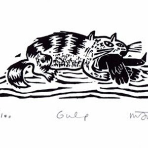 Gulp original cat lino print, cat art, cat print, pets, kitty, animal art, bird, handmade lino cut, pet art, black and white, image 2