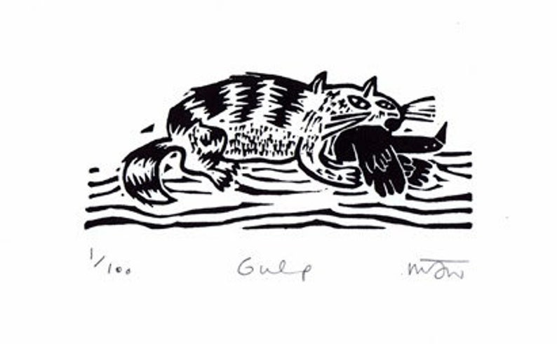 Gulp original cat lino print, cat art, cat print, pets, kitty, animal art, bird, handmade lino cut, pet art, black and white, image 2