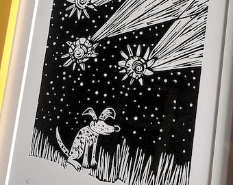 Dog, oblivious to comets - lino print