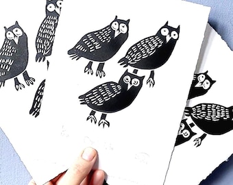 Owl Trio - lino cut print
