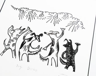Dog Disco - original lino cut print