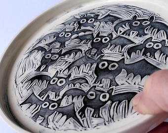 Bat dish, pottery and lino print