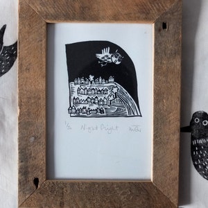 Night Flight lino cut print, owl, owls, handmade, printmaking, night, illustration, black and white, image 3