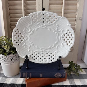 Vintage White Ceramic Lattice Serving Platter | Reticulated Scrollwork Plate | Shabby Chic Farmhouse Decor | Cottage Serving Tray