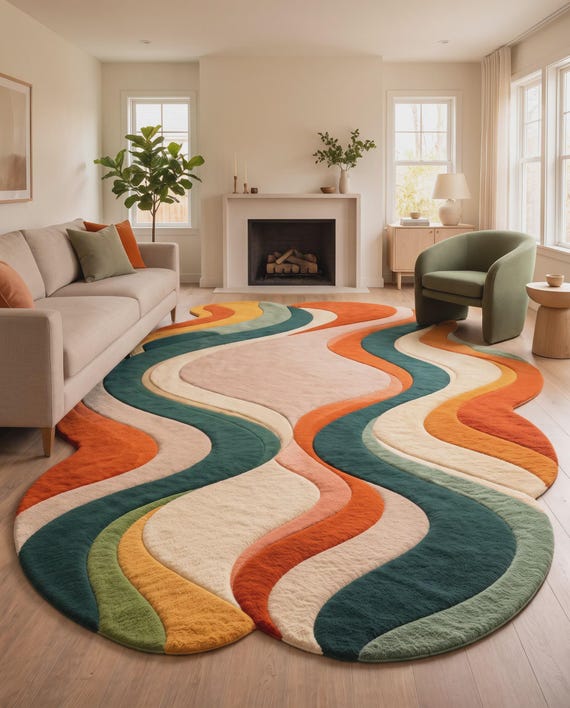 Modern Wavy Area Rug, Abstract Organic Shape, Warm Earthy Tones