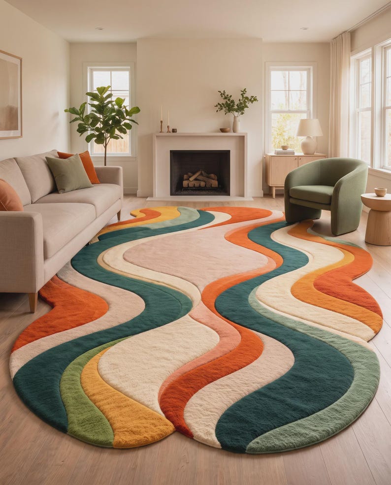Op de afbeelding: Een vloerkleed met een grote, onregelmatige, organische vorm en een golvend, meerkleurig patroon. Het ontwerp bestaat uit vloeiende, gebogen banen in tinten van diep blauwgroen, oranje, mosterdgeel, saliegroen en zacht cr&egrave;me, met een gelaagd effect.