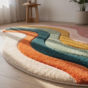 Op de afbeelding: Een rond, getuft vloerkleed met een reeks gebogen, golvende strepen in de kleuren cr&egrave;me, gebrand oranje, diep petrol, saliegroen, mosterdgeel en oudroze. Het kleed heeft een dikke, getextureerde pool en een strak afgewerkte rand.
