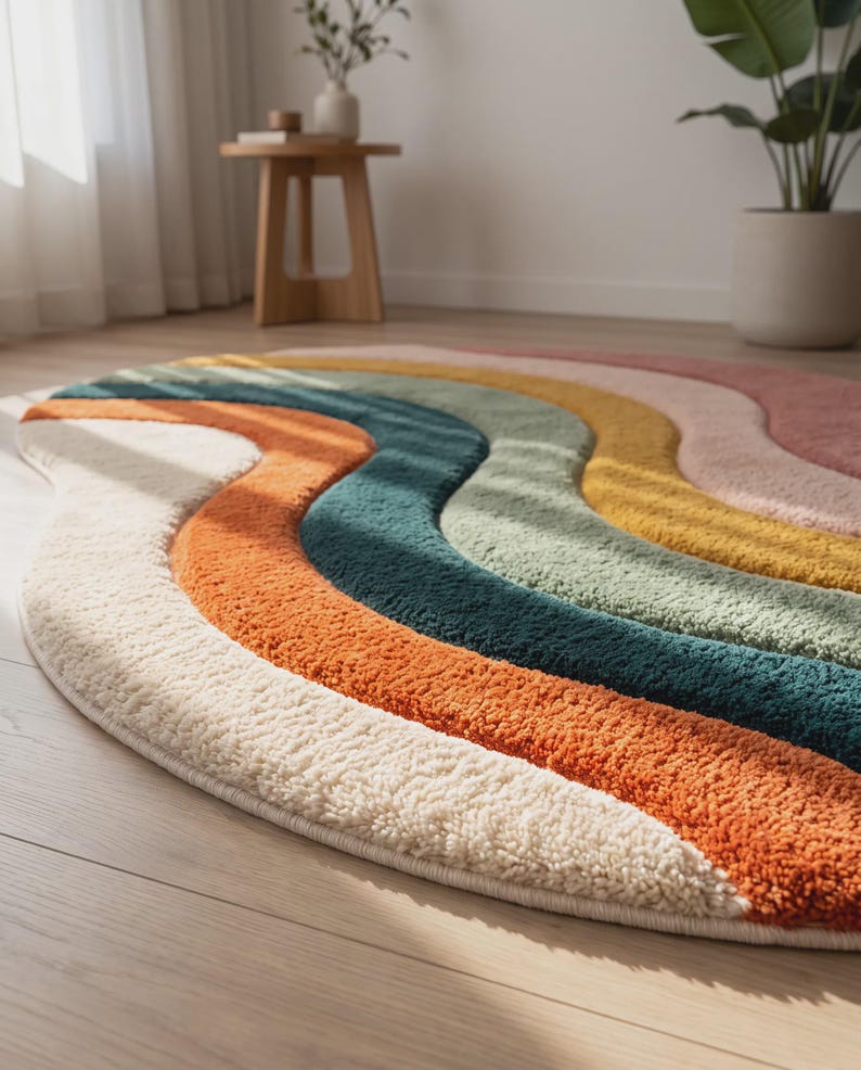 Op de afbeelding: Een rond, getuft vloerkleed met een reeks gebogen, golvende strepen in de kleuren cr&egrave;me, gebrand oranje, diep petrol, saliegroen, mosterdgeel en oudroze. Het kleed heeft een dikke, getextureerde pool en een strak afgewerkte rand.