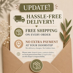 Op de afbeelding: Een rechthoekige kaart in een bruine envelop met de tekst UPDATE! HASSLE-FREE DELIVERY! FREE SHIPPING ON EVERY ORDER, NO EXTRA PAYMENT AT YOUR DOORSTEP, en een opmerking over invoerrechten, douanerechten of lokale overheidsheffingen.