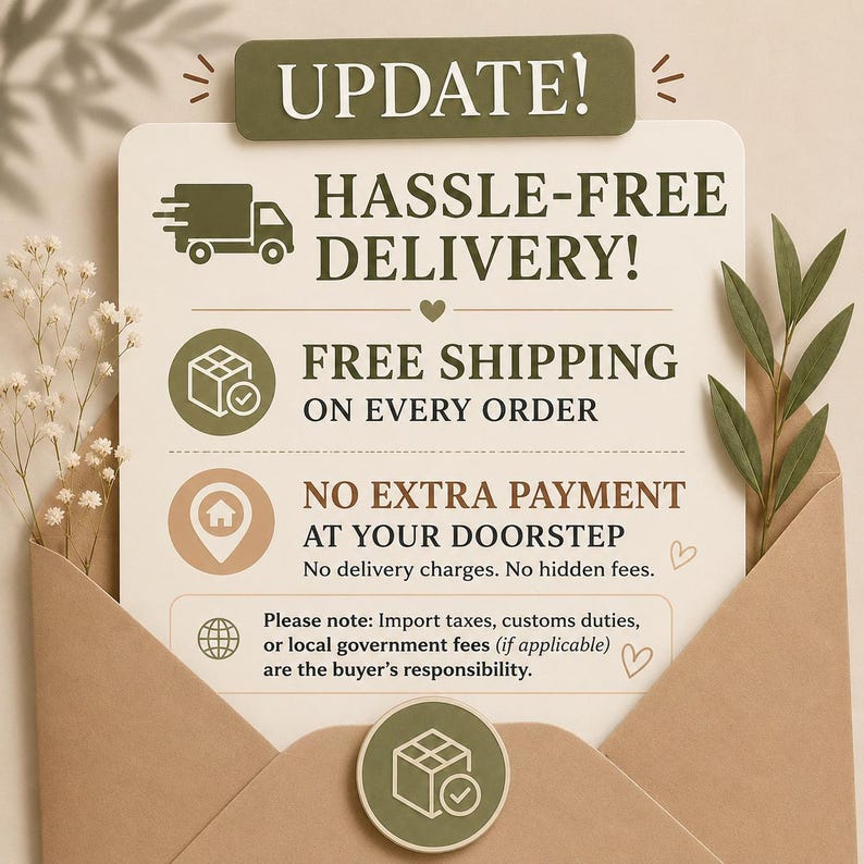 Op de afbeelding: Een rechthoekige kaart in een bruine envelop met de tekst UPDATE! HASSLE-FREE DELIVERY! FREE SHIPPING ON EVERY ORDER, NO EXTRA PAYMENT AT YOUR DOORSTEP, en een opmerking over invoerrechten, douanerechten of lokale overheidsheffingen.