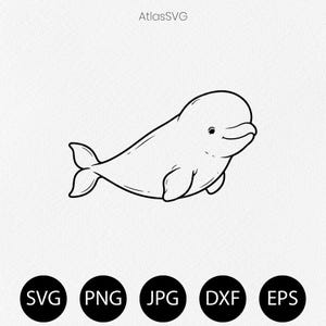 Puede incluir: Una ilustración de arte lineal en blanco y negro de una ballena beluga con cabeza redondeada y una pequeña aleta, situada sobre el texto AtlasSVG y cinco círculos negros que contienen el texto SVG, PNG, JPG, DXF y EPS respectivamente.