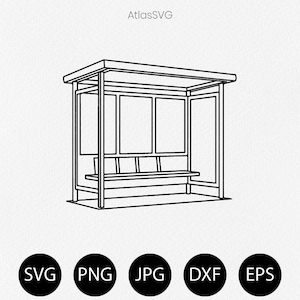 Puede incluir: Una ilustración de arte lineal en blanco y negro de una marquesina de autobús con techo plano, vigas de soporte verticales y un banco. El texto AtlasSVG está centrado sobre la estructura, y debajo aparecen cinco círculos negros etiquetados como SVG, PNG, JPG, DXF y EPS.