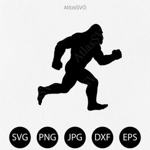 Op de afbeelding: Een zwart silhouet van een rennende Bigfoot-figuur gecentreerd op een witte achtergrond. Boven de figuur staat de tekst AtlasSVG. Daaronder staan vijf zwarte cirkels met de witte tekst SVG, PNG, JPG, DXF en EPS.