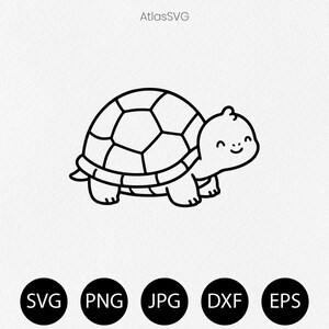 Puede incluir: Una ilustración de arte lineal en blanco y negro de una tortuga sonriente con un caparazón estampado. Sobre la tortuga está el texto AtlasSVG. Debajo de la tortuga hay cinco círculos negros que contienen el texto blanco SVG, PNG, JPG, DXF y EPS.