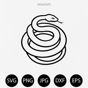 May include: A black and white digital graphic of a coiled snake with its head raised and tongue extended. The text AtlasSVG appears at the top, and five black circles containing the text SVG, PNG, JPG, DXF, and EPS are arranged at the bottom.