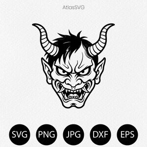 May include: A black and white digital graphic of a horned demon face with sharp teeth and pointed ears. The text AtlasSVG appears at the top, and five black circles at the bottom contain the text SVG, PNG, JPG, DXF, and EPS respectively.
