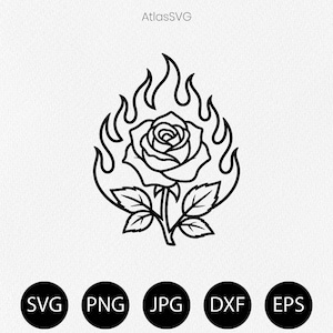 May include: A black and white line art graphic of a rose surrounded by flames. The text AtlasSVG appears at the top. Below the graphic are five black circles containing the white text labels SVG, PNG, JPG, DXF, and EPS, representing file formats.