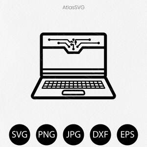 Op de afbeelding: Een zwart lijntekening-icoon van een laptop met een printplaatpatroon op het scherm. Onder de laptop staan vijf zwarte cirkels met de witte tekst SVG, PNG, JPG, DXF en EPS. De tekst AtlasSVG staat in het midden bovenaan.
