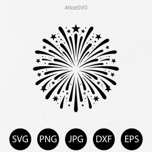 May include: A black graphic illustration of a firework burst featuring radiating lines, small dots, and five-pointed stars arranged in a circular pattern. The text AtlasSVG appears at the top, with SVG, PNG, JPG, DXF, and EPS labels below.