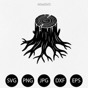 May include: A black graphic illustration of a tree stump with visible growth rings on the top surface and spreading roots at the base. The text AtlasSVG appears at the top, and five black circles labeled SVG, PNG, JPG, DXF, and EPS are below.