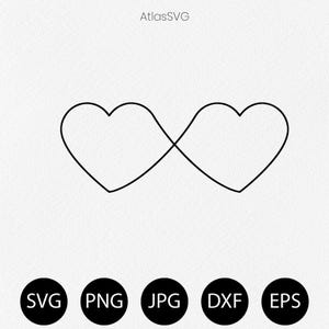 May include: A black line art graphic featuring two connected heart shapes forming an infinity symbol. The text AtlasSVG is centred at the top. Five black circles at the bottom contain the white text SVG, PNG, JPG, DXF, and EPS respectively.