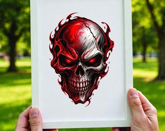 May include: A white rectangular frame containing a graphic illustration of a human skull. The skull features a split color design with one side in deep red and the other in metallic silver, surrounded by stylized red flames and glowing red eyes.