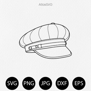May include: A black and white line art illustration of a newsboy cap featuring a rounded crown with segmented panels, a structured brim, and a decorative strap across the front. The text AtlasSVG is centered above the cap, with SVG, PNG, JPG, DXF, and EPS labels below.