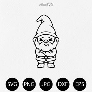 May include: A black and white line art illustration of a grumpy gnome with a pointed hat, a thick beard, and arms crossed over the chest. The text AtlasSVG appears at the top, and five black circles labeled SVG, PNG, JPG, DXF, and EPS are below.