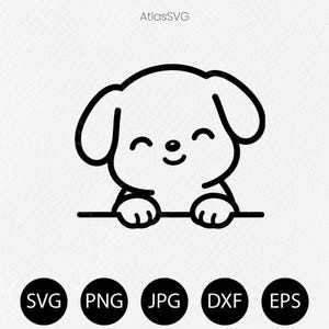 Puede incluir: Un gráfico de arte lineal en blanco y negro de un cachorro asomándose sobre una línea horizontal. El cachorro tiene orejas caídas, ojos cerrados y una nariz pequeña. Arriba está el texto AtlasSVG y abajo cinco círculos negros con SVG, PNG, JPG, DXF y EPS.