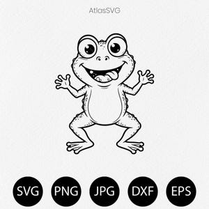 May include: A black and white line art illustration of a cartoon frog with large eyes and a wide, open-mouthed grin with its tongue sticking out. The text AtlasSVG appears at the top, and five black circles labelled SVG, PNG, JPG, DXF, and EPS are below.