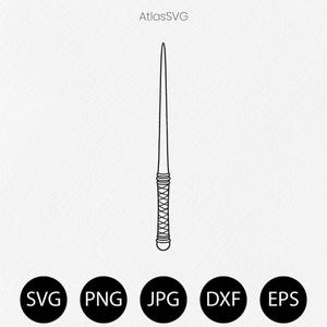 May include: A black and white line art illustration of a wand featuring a long, tapered shaft and a textured handle with a cross-hatched pattern. The text AtlasSVG appears at the top, with SVG, PNG, JPG, DXF, and EPS labels in circles below.