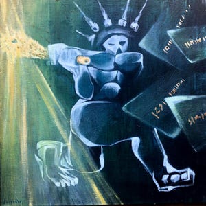 Puede incluir: Una pintura al óleo sobre lienzo que representa una figura estilizada en un entorno verde oscuro. La figura lleva una corona con puntas, sostiene un objeto brillante y está rodeada de formas geométricas translúcidas que flotan.