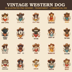 Puede incluir: Una colección de 20 diseños ilustrados de perros con sombreros de vaquero y pañuelos, rodeados de detalles florales. Cada perro incluye textos de temática western como Stay Loyal, Stay Wild, Stay Free, Good Boy, Howdy, Ranch Hand, Wild West, Stay Cool, Giddy Up, Top Dog, Wild & Free, Ranch Dog, Yeehaw, Saddle Up, Trail Boss, Howdy Partner, Loyal & True, Cowdog, Desert Pup y Rodeo Ready.