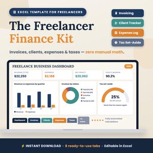 Puede incluir: Una plantilla de Excel para freelancers titulada The Freelancer Finance Kit. El panel muestra ingresos, gastos, beneficio neto y margen de beneficio con gráficos, un diagrama de anillo para facturas y un indicador de impuestos para 2026.