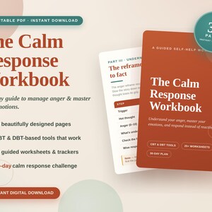 Puede incluir: Un libro de ejercicios digital titulado The Calm Response Workbook con una portada de color óxido y texto blanco. Incluye 37 páginas, herramientas de TCC y DBT, 13 hojas de trabajo guiadas y un reto de 30 días en formato PDF imprimible.