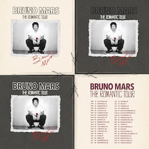 Puede incluir: Un gráfico de cuatro paneles para la gira Bruno Mars The Romantic Tour. Tres paneles muestran una foto en blanco y negro de una persona agachada con una rosa roja, firmada en rojo. El cuarto panel enumera las fechas de la gira por ciudades.