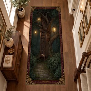 May include: A rectangular area rug featuring a dark forest scene with a tall, multi-level wooden bookshelf built into a large tree trunk. The design includes hanging lanterns, a small desk with an open book, and a decorative ornate gold and maroon border.
