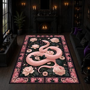 May include: A rectangular area rug featuring a large, pale pink snake coiled centrally among dark green foliage and various pink peony flowers. The rug has a decorative border filled with pink floral patterns on a black background.