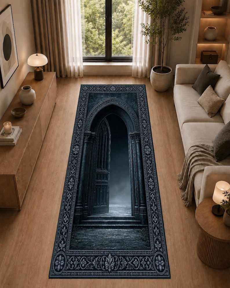 Gothic Archway Runner Rug, Medieval Castle Doorway Hallway Carpet, Dark ...