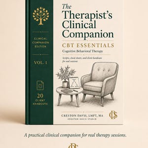 Pode incluir: Um livro de capa dura intitulado The Therapist's Clinical Companion CBT Essentials com lombada verde-escura e capa creme. A capa apresenta um ícone de árvore dourado, um desenho de linha de uma poltrona e mesa lateral, e o texto Creston Davis, LMFT, MA.
