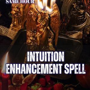 Może przedstawiać: Złota świeca w kształcie uskrzydlonej postaci z trzema płonącymi płomieniami na górze. Tekst na obrazku brzmi 5 REVIEWS SAME HOUR, INTUITION ENHANCEMENT SPELL oraz AURA & ENERGY READING. Świeże truskawki i pokrojone figi są ułożone na dole.