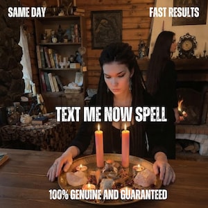 May include: A person with dark hair sits at a wooden table with two tall pink candles, smaller tea lights, crystals, and a small skull on a round metal tray. The text reads: SAME DAY, FAST RESULTS, TEXT ME NOW SPELL, 100% GENUINE AND GUARANTEED.